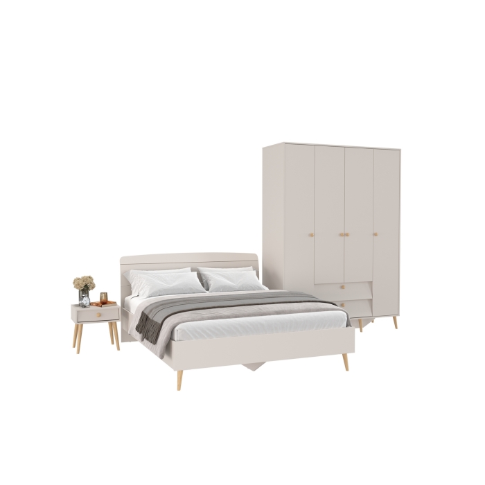 Афина Спальня Кровать 1600 + Шкаф 4-х дверный + Тумба, цвет кашемир серый, 164,6х210,2х95,6 + 160х56,3х220 + 45х37х45 см., 1600х2000, б/м, осн. есть