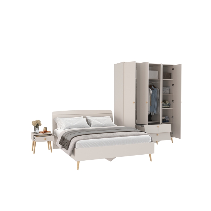 Афина Спальня Кровать 1600 + Шкаф 4-х дверный + Тумба, цвет кашемир серый, 164,6х210,2х95,6 + 160х56,3х220 + 45х37х45 см., 1600х2000, б/м, осн. есть