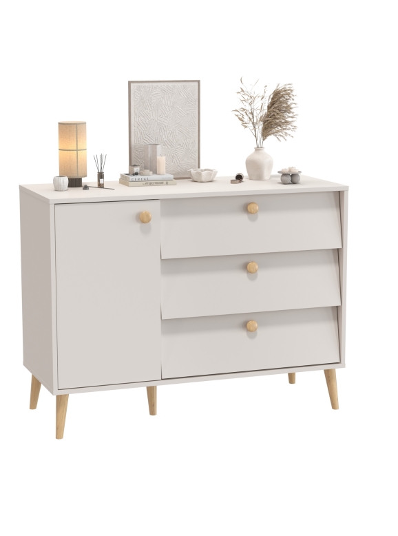 Афина Спальня 4-44901М1к.с. Комод с дверкой и тремя ящиками, цвет кашемир серый, ШхГхВ 110х45,3х83 см., универсальная сборка, цвет ножек: тик