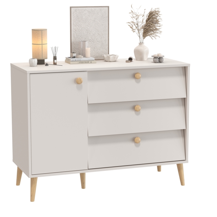 Афина Спальня 4-44901М1к.с. Комод с дверкой и тремя ящиками, цвет кашемир серый, ШхГхВ 110х45,3х83 см., универсальная сборка, цвет ножек: тик