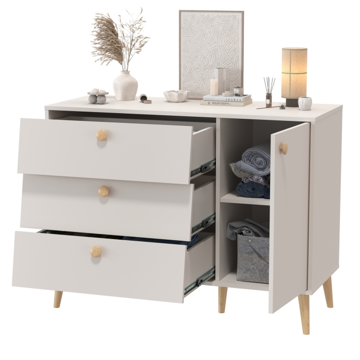 Афина Спальня 4-44901М1к.с. Комод с дверкой и тремя ящиками, цвет кашемир серый, ШхГхВ 110х45,3х83 см., универсальная сборка, цвет ножек: тик