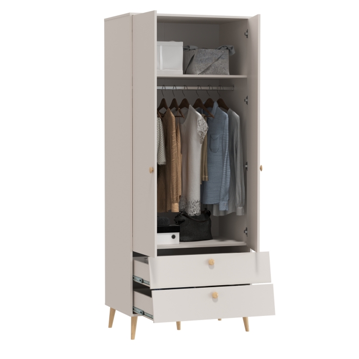 Афина Спальня 4-75901М1к.с. Шкаф 2-х дверный с двумя ящиками, цвет кашемир серый, ШхГхВ 90,3х56,3х220 см., цвет ножек: тик