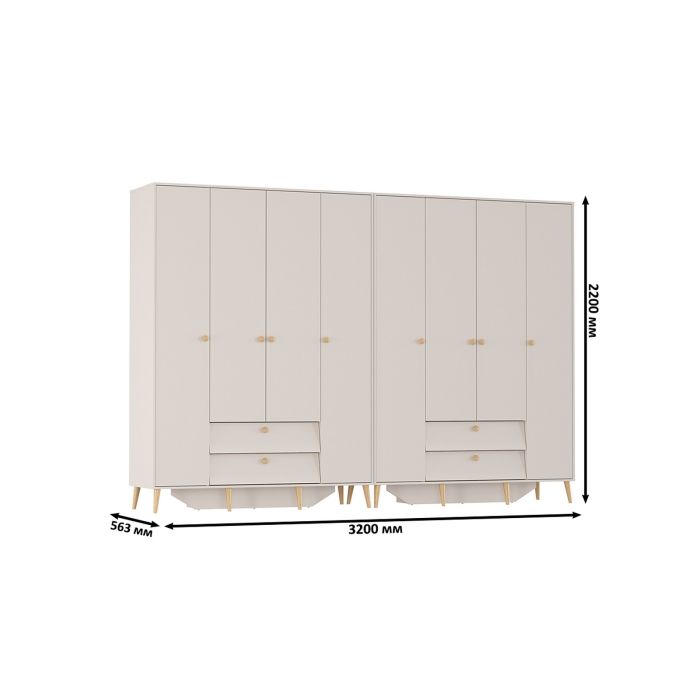 Афина Спальня Шкаф 4-х дверный с двумя ящиками х 2, цвет кашемир серый, ШхГхВ 320х56,3х220 см.