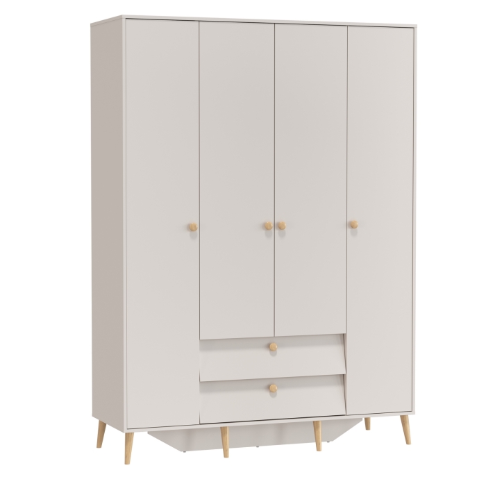 Афина Спальня 4-75930М1к.с. Шкаф 4-х дверный с двумя ящиками, цвет кашемир серый, ШхГхВ 160х56,3х220 см., цвет ножек: тик