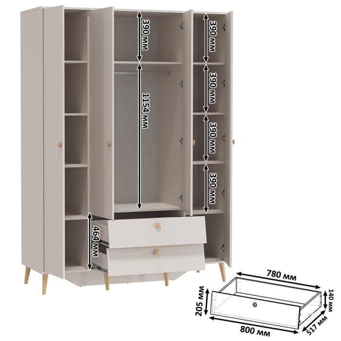 Афина Спальня 4-75930М1к.с. Шкаф 4-х дверный с двумя ящиками, цвет кашемир серый, ШхГхВ 160х56,3х220 см., цвет ножек: тик