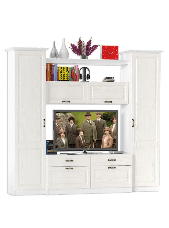 Ливерпуль Набор мебели 2, цвет ясень ваниль/белый, ШхГхВ 240х49,3х220,3 см.(без учёта карниза), ниша для тв 140х49х90 см.