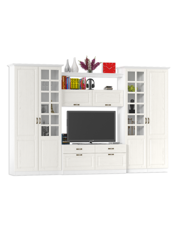 Ливерпуль Набор мебели 3, цвет ясень ваниль/белый, ШхГхВ 340х49,3х220,3 см.(без учёта карниза), ниша для тв 140х49х90 см.