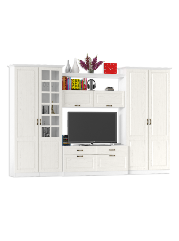 Ливерпуль Набор мебели 4, цвет ясень ваниль/белый, ШхГхВ 340х49,3х220,3 см.(без учёта карниза), ниша для тв 140х49х90 см., универсальная сборка