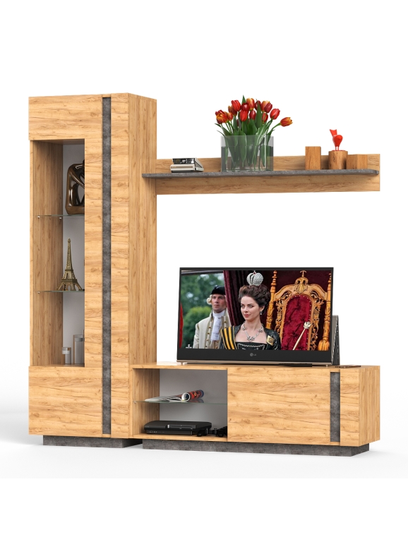 КР100 Арчи № 05, цвет дуб крафт золотой/камень тёмный, ШхГхВ 190х41,3х193,7 см., ниша для ТВ 130х41х110 см., НЕ универсальная сборка