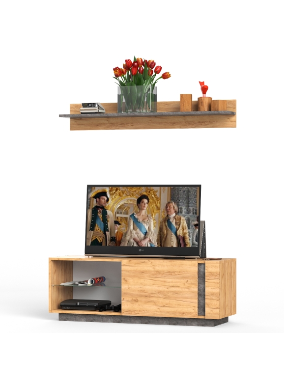 КР100 Арчи № 07, цвет дуб крафт золотой/камень тёмный, ШхГхВ 130х41,3х150 см., ниша для ТВ 130х41х110 см.