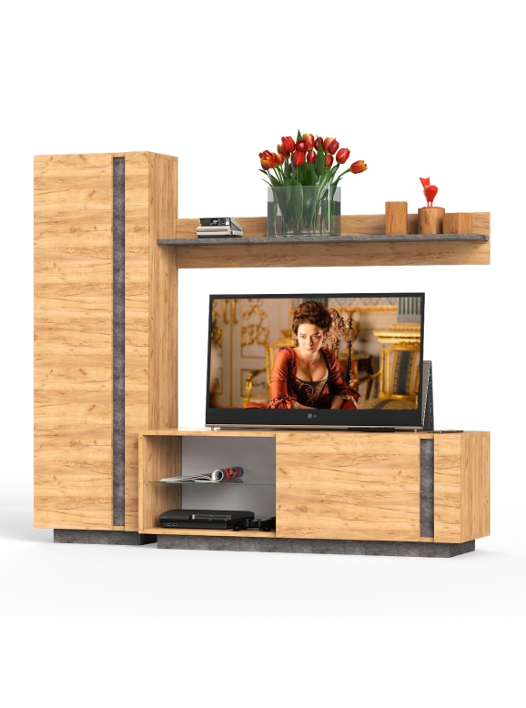 КР100 Арчи № 08, цвет дуб крафт золотой/камень тёмный, ШхГхВ 190х41,3х193,7 см., ниша для ТВ 130х41х110 см., универсальная сборка