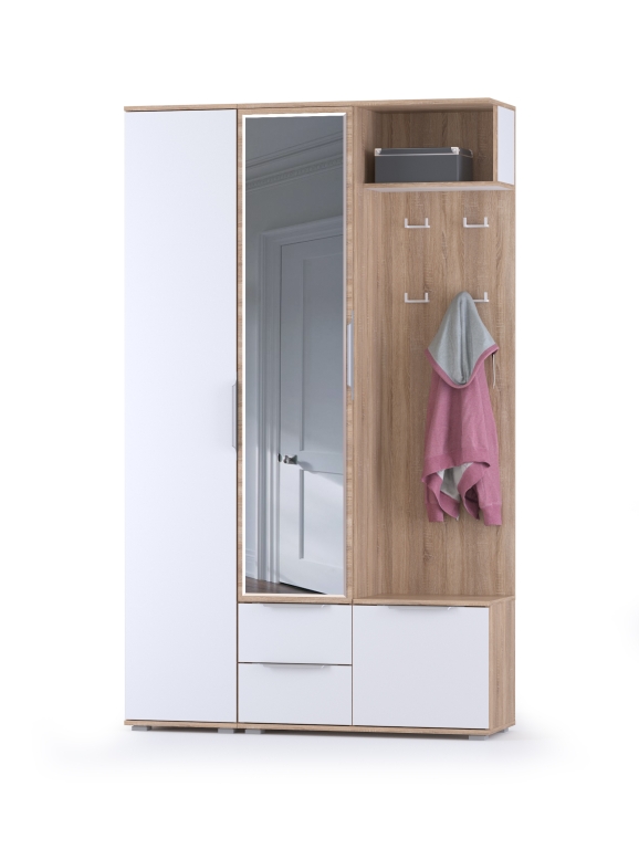 КР100 Куба Прихожая 14, цвет дуб сонома/белый премиум, ШхГхВ 126,4х38,3х210,6 см., универсальная сборка