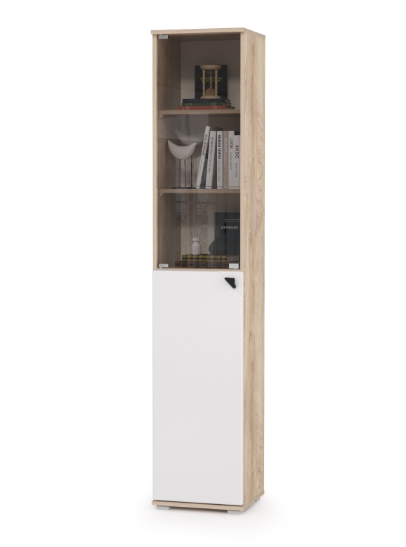 КР100 Бостон 13.155 Шкаф, цвет дуб эндгрейн элегантный/фасады МДФ милк рикамо софт, ШхГхВ 38,6х35,1х194,4 см., универсальная сборка