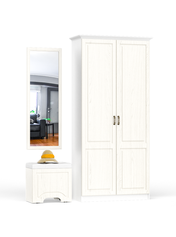 Ливерпуль Пуф 14.02 + Зеркало 03.242 + Шкаф для одежды + карниз 1000, цвет ясень ваниль/белый, универсальная сборка