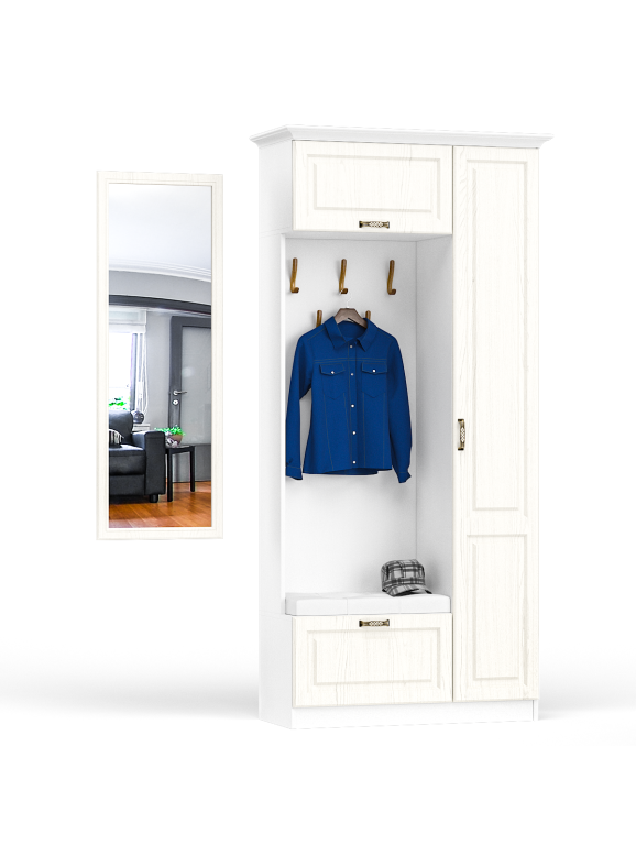 Ливерпуль Шкаф многоцелевого назначения 13.21 + карниз + Зеркало 03.242, цвет ясень ваниль/белый, ШхГхВ 108,2х43,5х223,5 + 50х2х140 см., ун. сборка