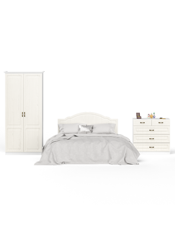 Ливерпуль Спальня № 4 Кровать 11.08ОСН + Шкаф 13.134 + карниз + Комод 10.103, цвет ясень ваниль/белый, сп. м. 1600х2000 мм., б/м, ортопед есть