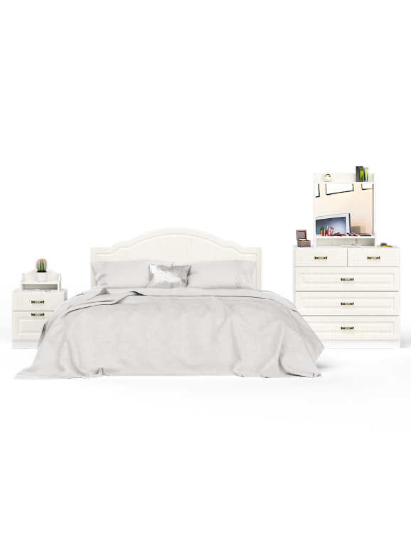 Ливерпуль Спальня № 5 Кровать 11.08ОСН + Тумба 08.146 + Полка 10.117 + Комод 10.103 + Полка 10.118, ясень ваниль/белый, 1600х2000 мм., б/м, орт. есть