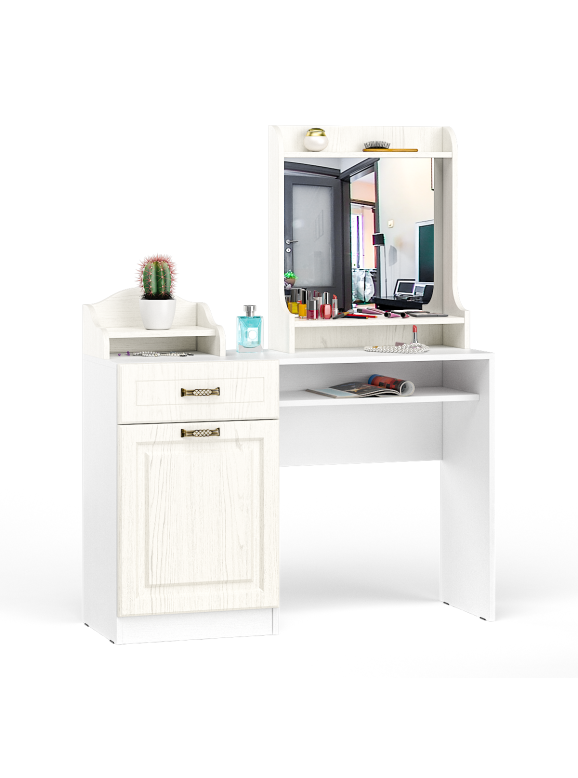 Ливерпуль Стол туалетный 12.46 + Полка 10.118 + Полка 10.117, цвет ясень ваниль/белый, ШхГхВ 119,8х41,3х152,3 см., НЕ универсальная сборка