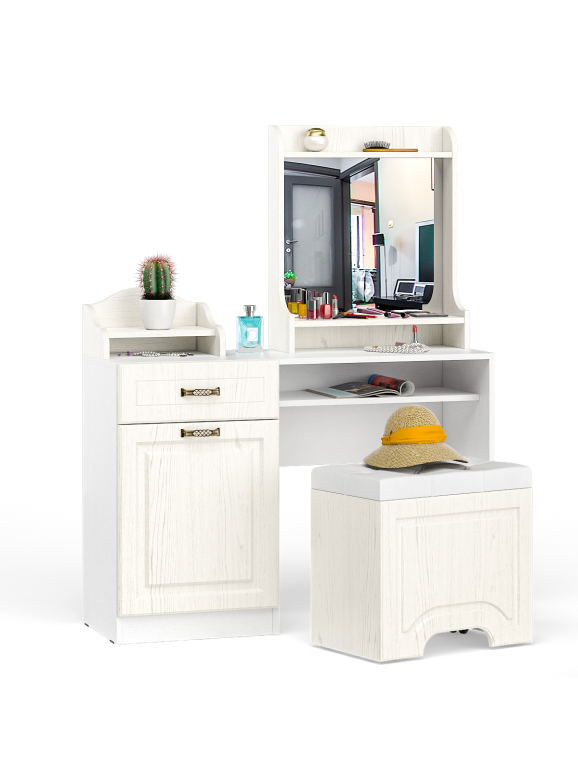 Ливерпуль Стол туалетный 12.46 + Полка 10.118 + Полка 10.117 + Пуф 14.02, цвет ясень ваниль/белый, НЕ универсальная сборка