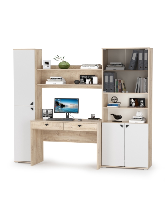 КР100 Бостон № 43, цвет дуб эндгрейн элегантный/фасады МДФ милк рикамо софт, 13.154+12.69+09.132+13.156, ШхГхВ 230,6х57,2х194,4 см., ун. сборка