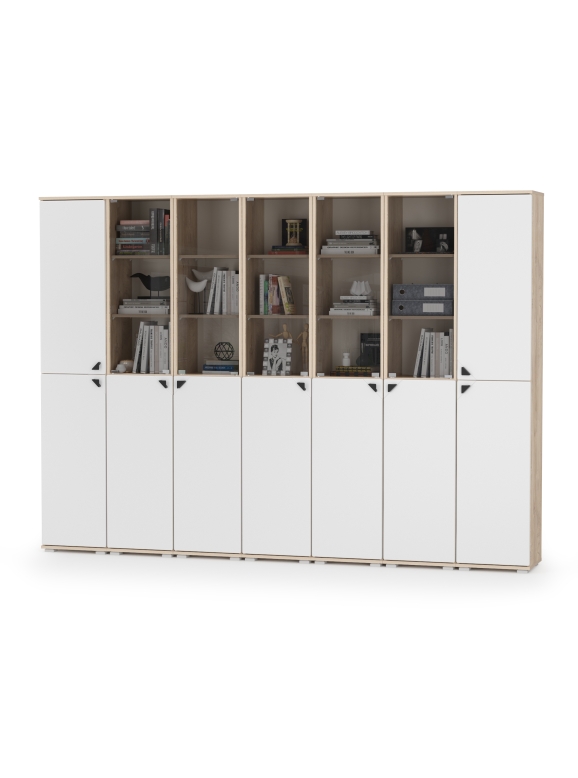 КР100 Бостон № 52, дуб эндгрейн элегантный/фасады МДФ милк рикамо софт, 13.154+13.155+13.155+13.155+13.155+13.155+13.154, 270,2х35,1х194,4 см, ун. сб.