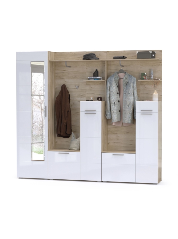 Лайн Прихожая № 03, цвет дуб крафт серый/фасады МДФ белый глянец, ШхГхВ 234,6х35,1х210 см., НЕ универсальная сборка