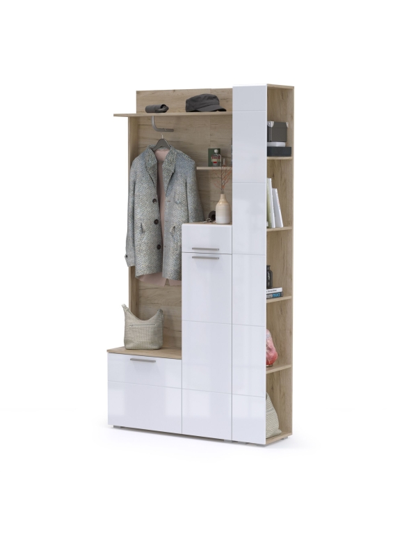 Лайн Прихожая № 06, цвет дуб крафт серый/фасады МДФ белый глянец, ШхГхВ 111,8х35,1х210 см., НЕ универсальная сборка