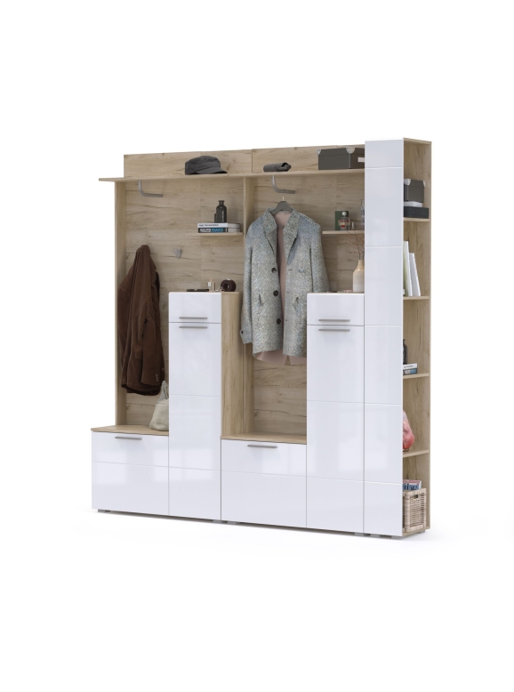 Лайн Прихожая № 07, цвет дуб крафт серый/фасады МДФ белый глянец, ШхГхВ 201,6х35,1х210 см., НЕ универсальная сборка