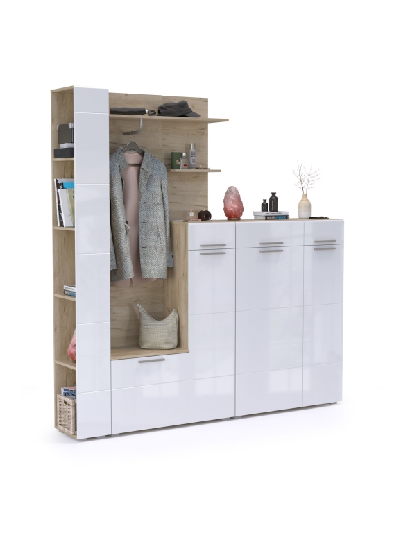 Лайн Прихожая № 09, цвет дуб крафт серый/фасады МДФ белый глянец, ШхГхВ 201,8х35,1х210 см., НЕ универсальная сборка