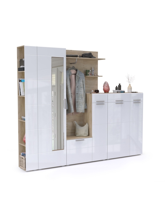 Лайн Прихожая № 11, цвет дуб крафт серый/фасады МДФ белый глянец, ШхГхВ 256,8х35,1х210 см., НЕ универсальная сборка