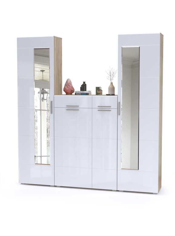 Лайн Прихожая № 15, цвет дуб крафт серый/фасады МДФ белый глянец, ШхГхВ 200х35х210 см., универсальная сборка