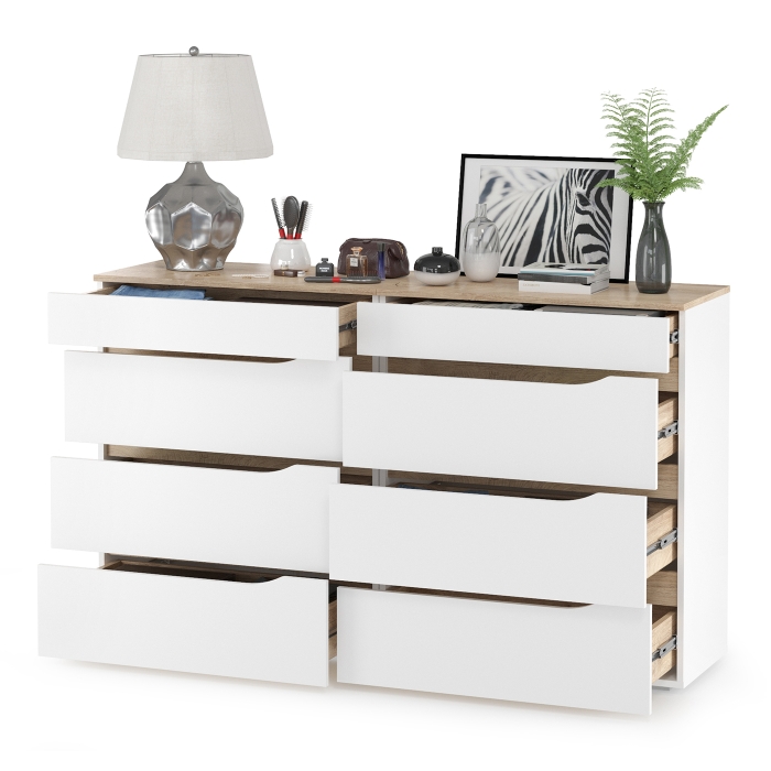 Муссон 13.97 Комод + 13.97 Комод, цвет белый/дуб эндгрейн элегантный, ШхГхВ 154х39,4х92,6 см., четыре выдвижных ящика, ручки-вырезы