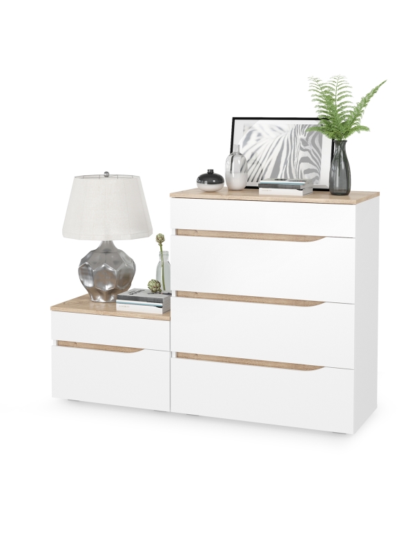 Муссон 13.97 Комод + 16.03 Тумба, цвет белый/дуб эндгрейн элегантный, ШхГхВ 133х39,4х92,6 см., четыре выдвижных ящика, ручки-вырезы, НЕ универс. сб.