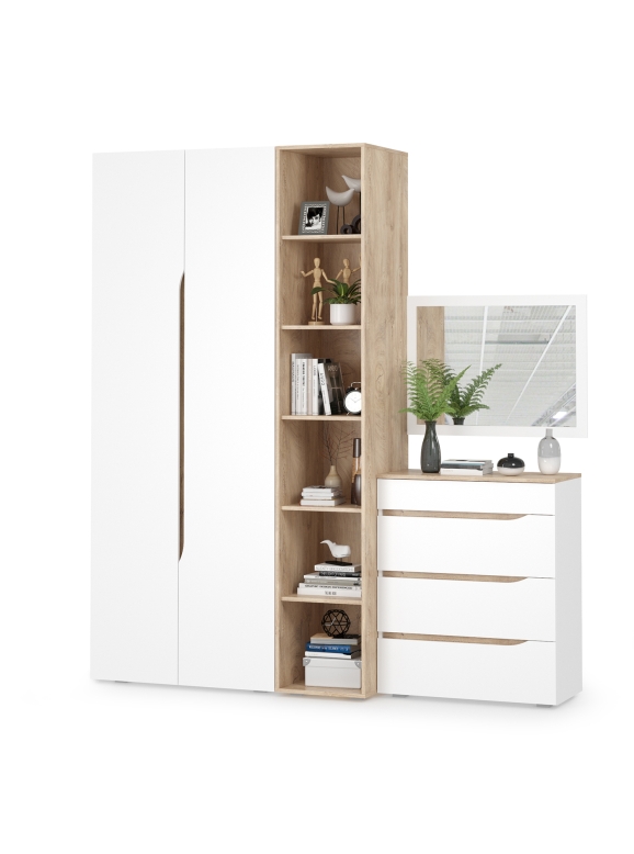 Муссон 13.198 Шкаф + 13.349 Стеллаж + 13.97 Комод + Зеркало СВК, цвет белый/дуб эндгрейн элегантный, ШхГхВ 204,6х52,3х229,8 см., НЕ универс. сб.