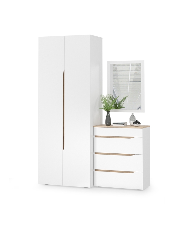 Муссон 13.198 Шкаф двухстворчатый + 13.97 Комод + Зеркало СВК, цвет белый/дуб эндгрейн элегантный, ШхГхВ 164,6х52,3х229,8 см., НЕ универсальная сборка