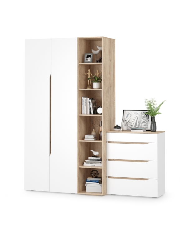 Муссон 13.198 Шкаф двухстворчатый + 13.349 Стеллаж + 13.97 Комод, цвет белый/дуб эндгрейн элегантный, ШхГхВ 204,6х52,3х229,8 см., НЕ универс. сборка