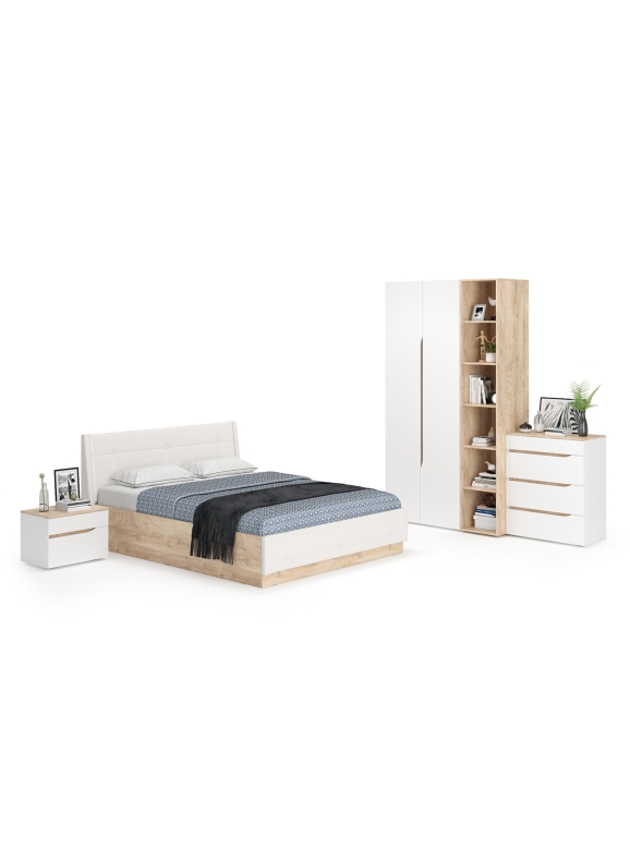 Муссон Спальня № 04, цвет белый/дуб эндгрейн элегантный/искусственная кожа белая, подъёмный ортопед, сп. м. 1600х2000 мм., б/м