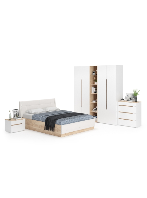 Муссон Спальня № 05, цвет белый/дуб эндгрейн элегантный/искусственная кожа белая, подъёмный ортопед, сп. м. 1600х2000 мм., б/м