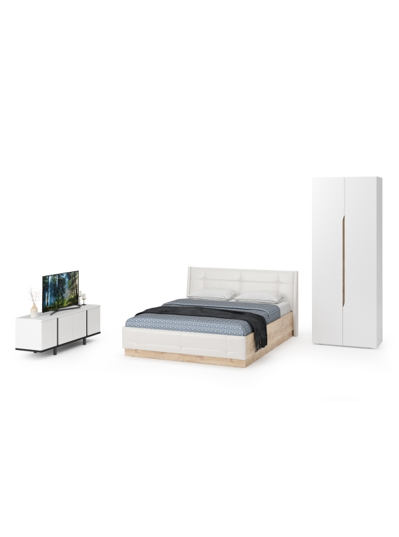 Муссон Спальня № 08, цвет белый/дуб эндгрейн элегантный/искусственная кожа белая, подъёмный ортопед, сп. м. 1600х2000 мм., б/м