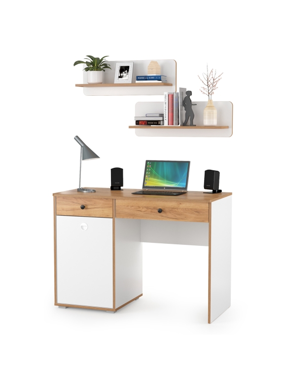 Вуди Стол письменный 12.42 + 2хПолка 15.46, цвет белый премиум/дуб крафт золотой, ШхГхВ 110х52,7х180 см., универсальная сборка