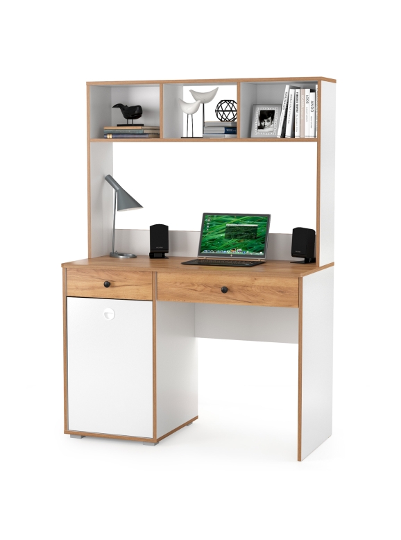 Вуди Стол письменный 12.42 + Надстройка на стол 13.161, цвет белый премиум/дуб крафт золотой, ШхГхВ 110х52,7х158,7 см., универс сб.