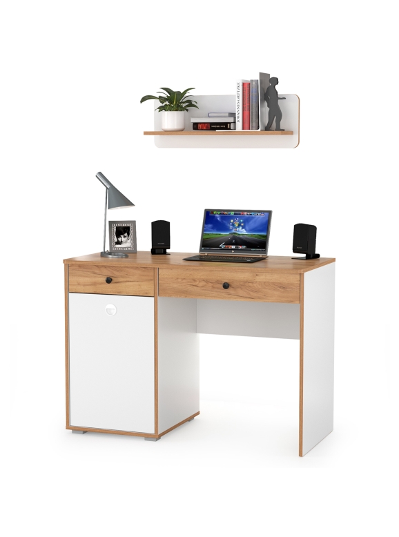 Вуди Стол письменный 12.42 + Полка 15.46, цвет белый премиум/дуб крафт золотой, ШхГхВ 110х52,7х170 см., универсальная сборка
