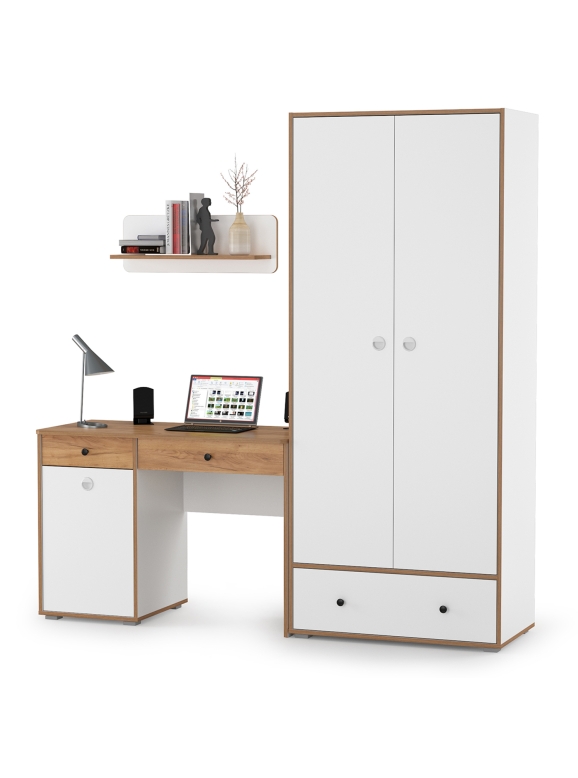 КР100 Вуди Компоновка № 18, цвет белый премиум/дуб крафт золотой, ШхГхВ 196х52,7х205 см., универсальная сборка