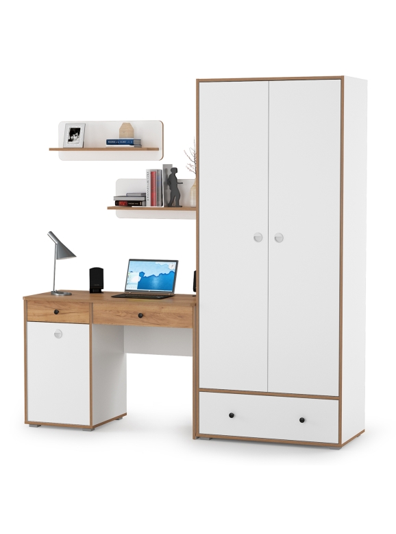 КР100 Вуди Компоновка № 19, цвет белый премиум/дуб крафт золотой, ШхГхВ 196х52,7х205 см., универсальная сборка