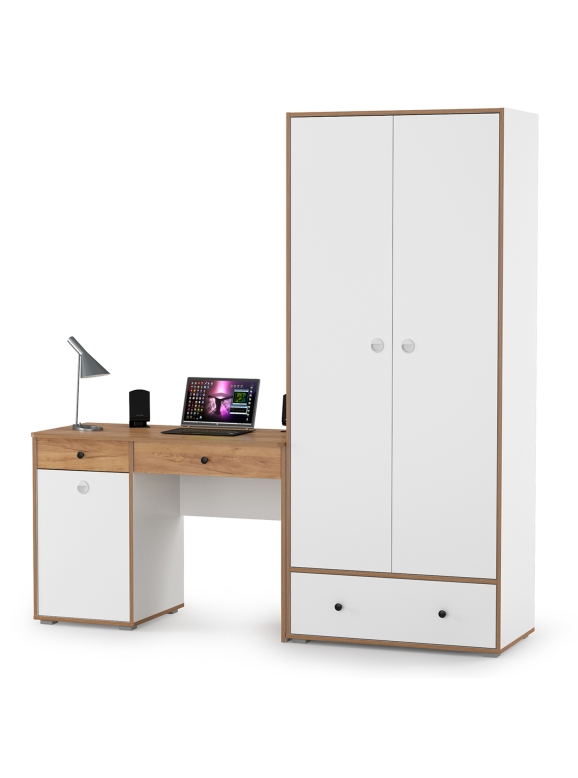 КР100 Вуди Компоновка № 21, цвет белый премиум/дуб крафт золотой, ШхГхВ 196х52,7х205 см., универсальная сборка