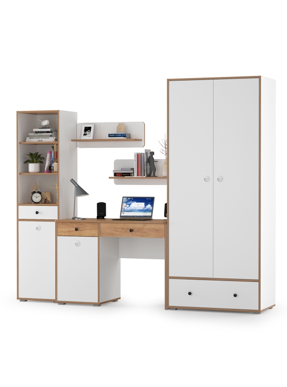 КР100 Вуди Компоновка № 23, цвет белый премиум/дуб крафт золотой, ШхГхВ 241х52,7х205 см., универсальная сборка