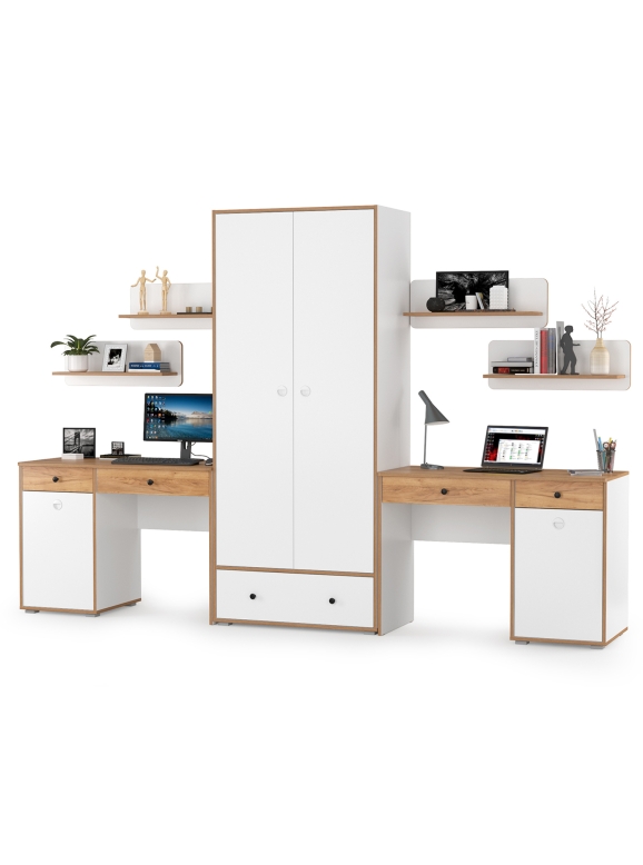 КР100 Вуди Компоновка № 27, цвет белый премиум/дуб крафт золотой, ШхГхВ 306х52,7х205 см., универсальная сборка