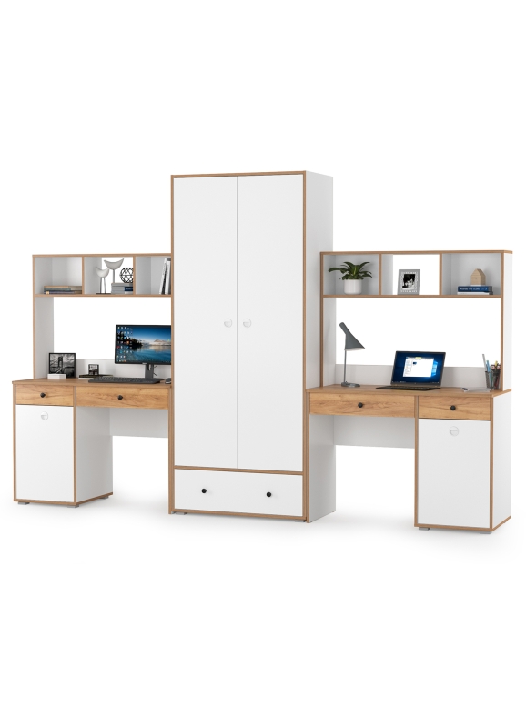 КР100 Вуди Компоновка № 28, цвет белый премиум/дуб крафт золотой, ШхГхВ 306х52,7х205 см., универсальная сборка