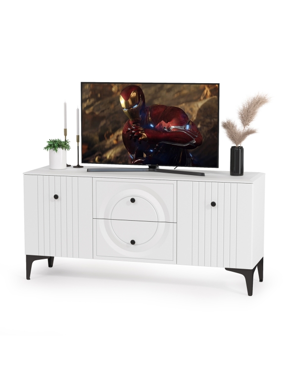 Валенсия Гостиная 16.45 Тумба под ТВ, цвет ЛДСП белый шагрень/МДФ белый шагрень, ШхГхВ 133,1х38,3х63,7 см.