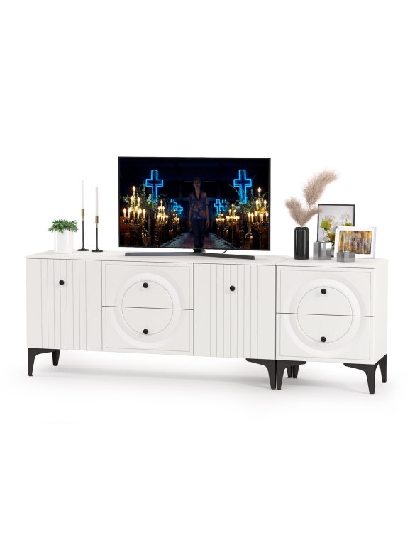 Валенсия Гостиная 16.45 Тумба под ТВ + 13.291 Тумба, цвет ЛДСП белый шагрень/МДФ белый шагрень, ШхГхВ 182,3х38,4х63,7 см.